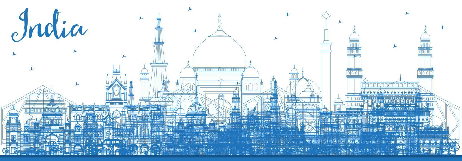 Outline India City Skyline with Blue Buildings. Delhi. Hyderabad. Kolkata. vector