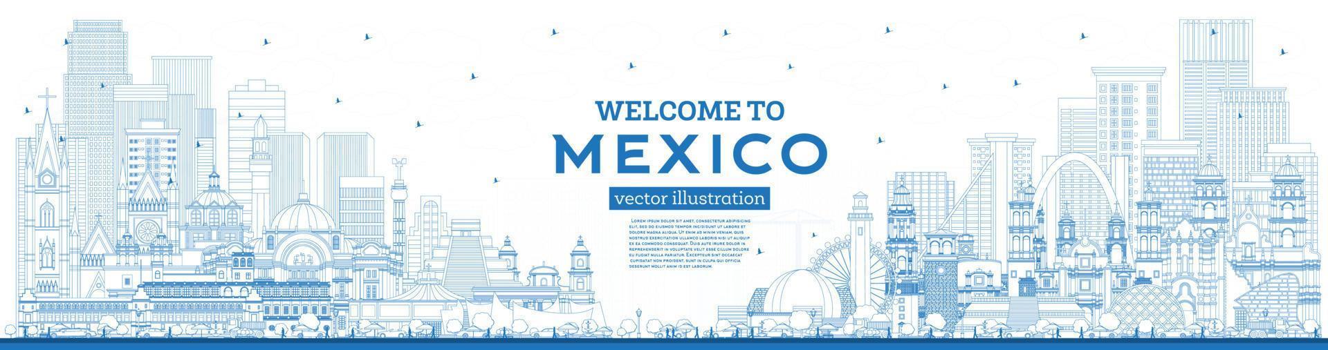 Outline Welcome to Mexico City Skyline with Blue Buildings. vector