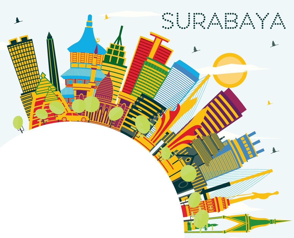 horizonte de la ciudad de surabaya indonesia con edificios de color, cielo azul y espacio para copiar. vector