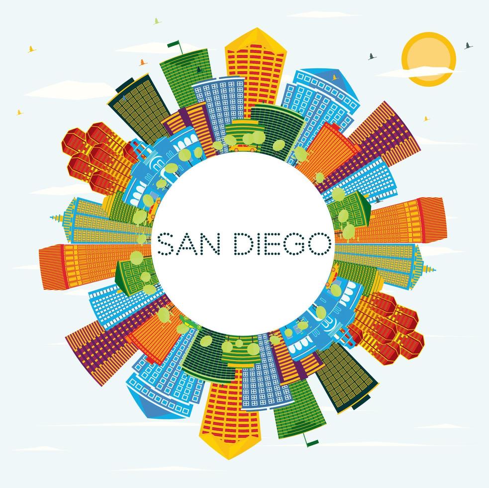 San Diego California City Skyline with Color Buildings, Blue Sky and Copy Space. vector