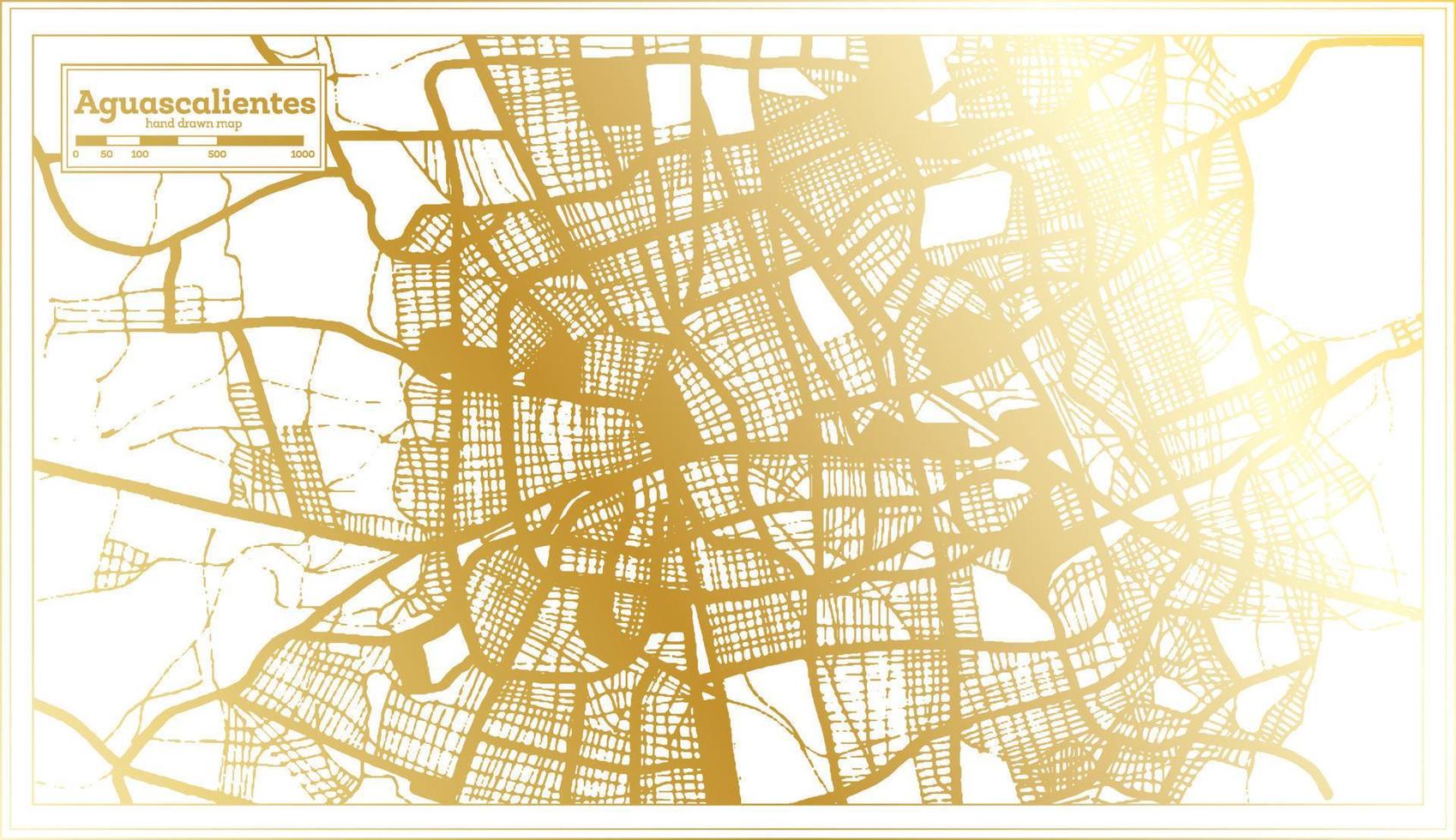 aguascalientes mapa de la ciudad de méxico en estilo retro en color dorado. esquema del mapa. vector