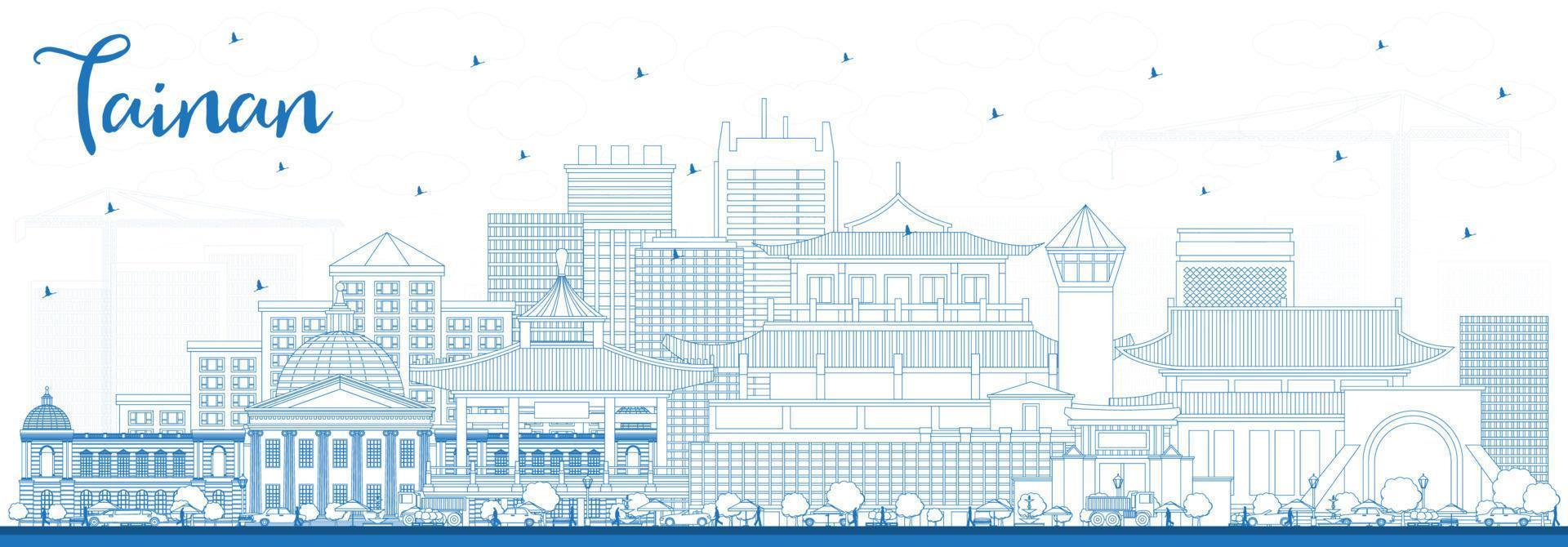 Outline Tainan Taiwan City Skyline with Blue Buildings. vector