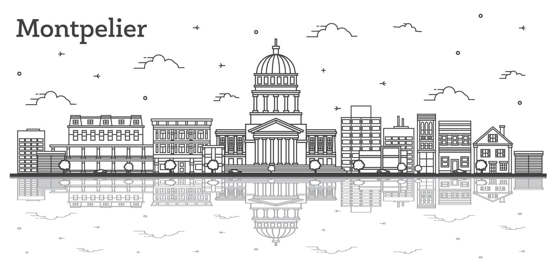 delinear el horizonte de la ciudad de montpelier vermont con edificios modernos y reflejos aislados en blanco. vector