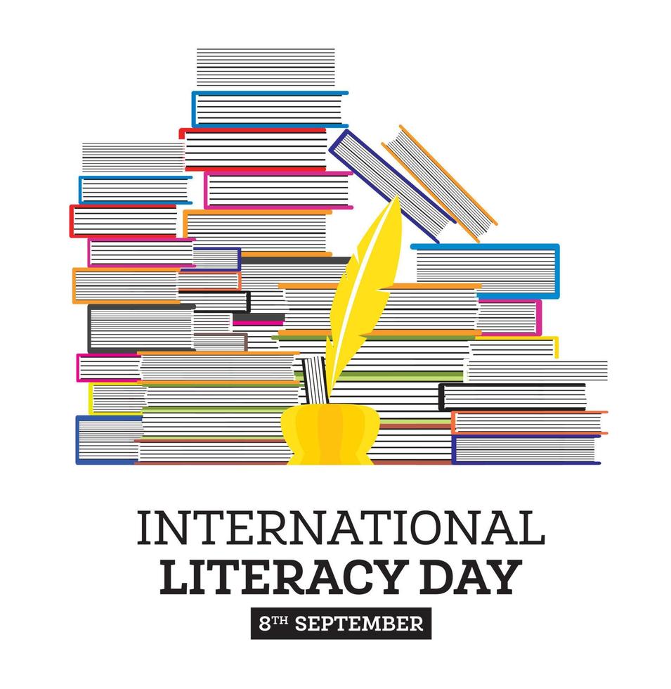 International Literacy Day Poster with Pile of Books and Quill Pen. Education Concept. vector