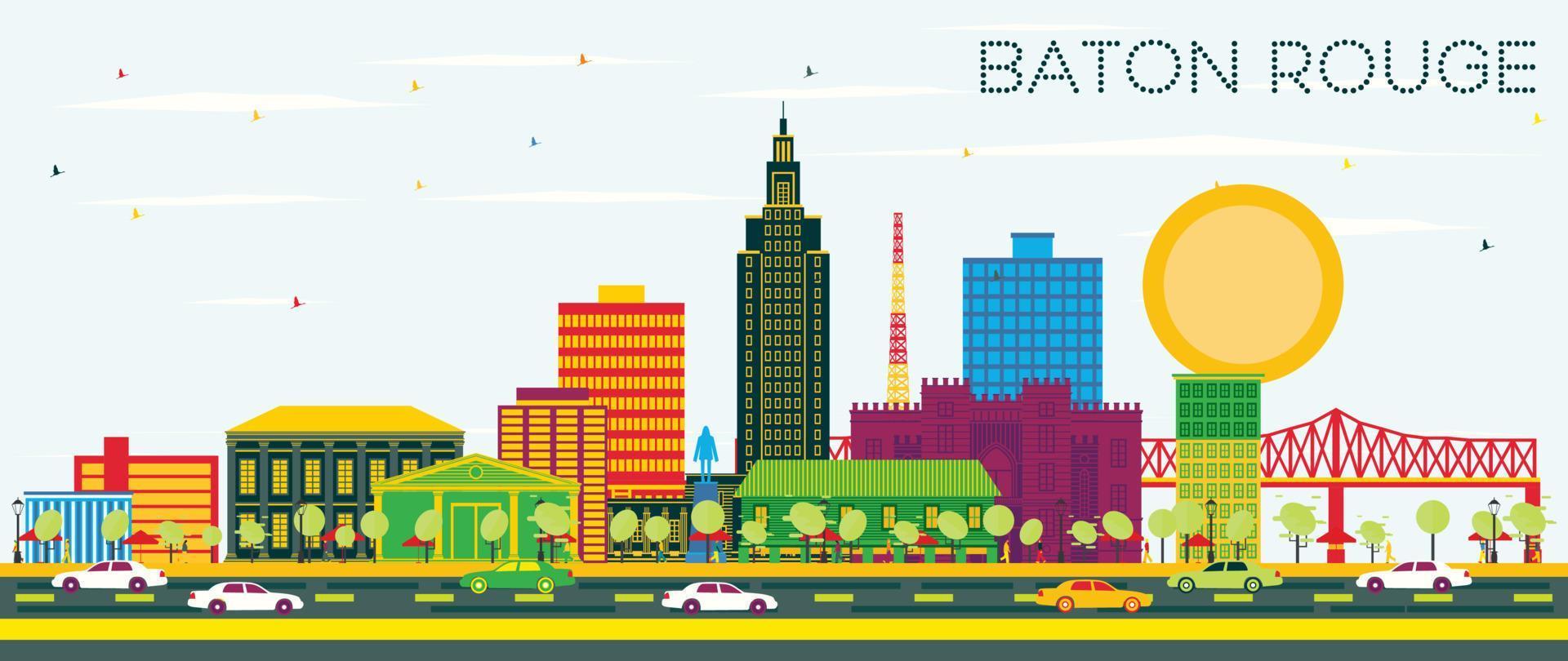Baton Rouge Louisiana City Skyline with Color Buildings and Blue Sky. vector