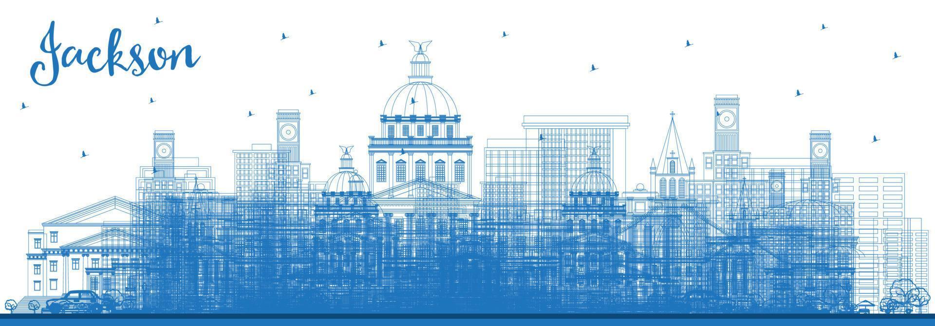 Outline Jackson Mississippi City Skyline with Blue Buildings. vector