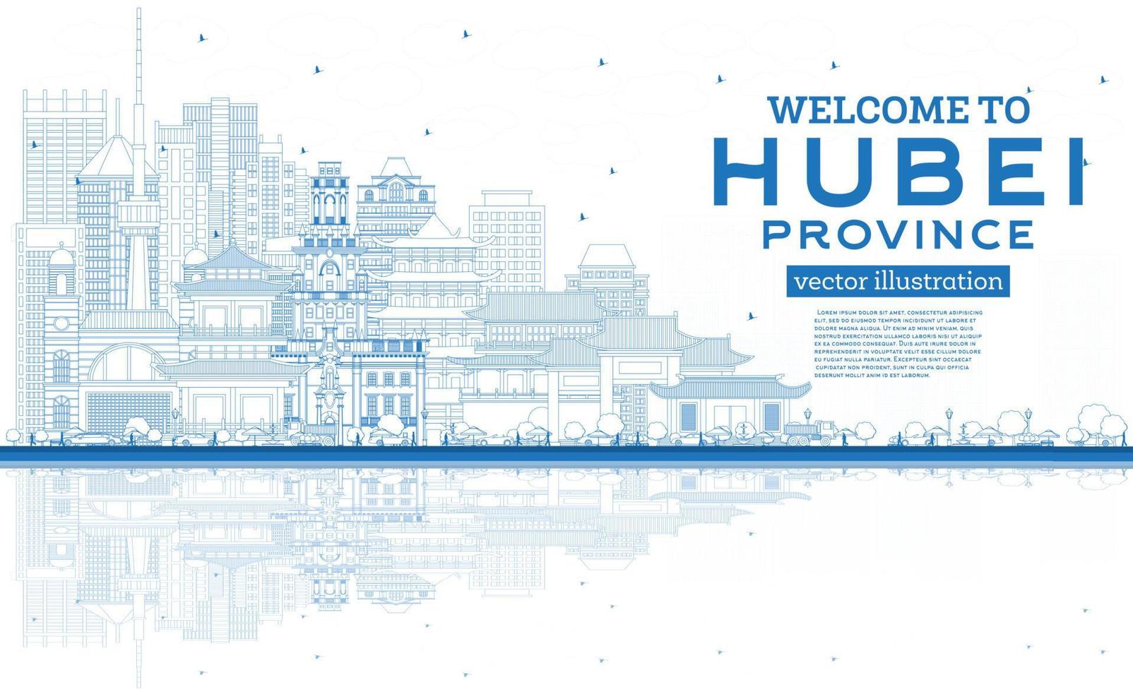 Welcome to Hubei Province in China. Outline City Skyline with Blue Buildings and Reflection. vector