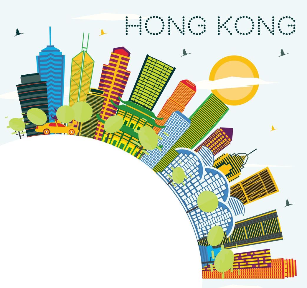 horizonte de la ciudad de hong kong china con edificios de color, cielo azul y espacio para copiar. vector