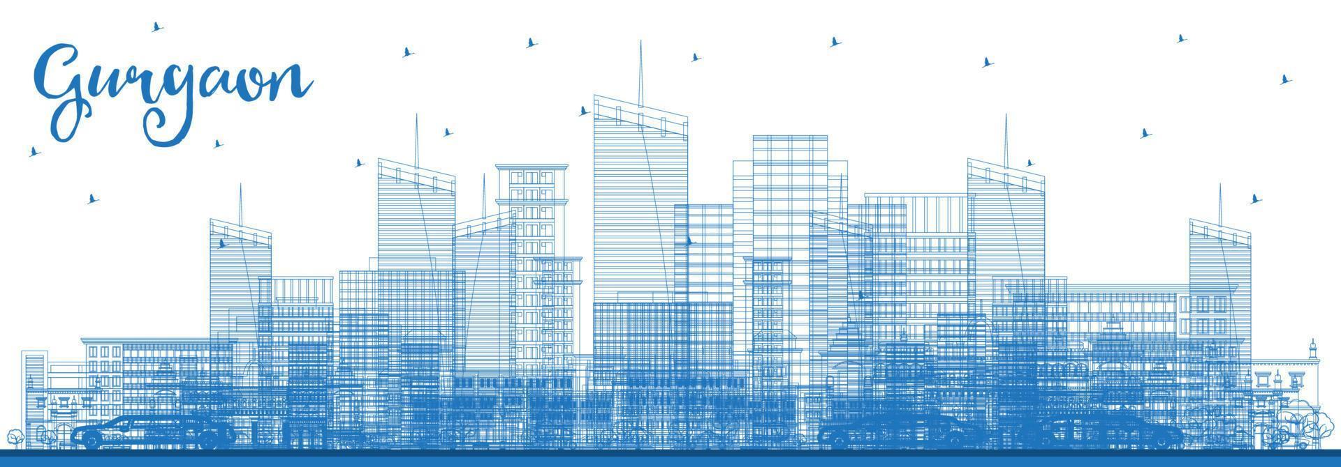 Outline Gurgaon India City Skyline with Blue Buildings. vector