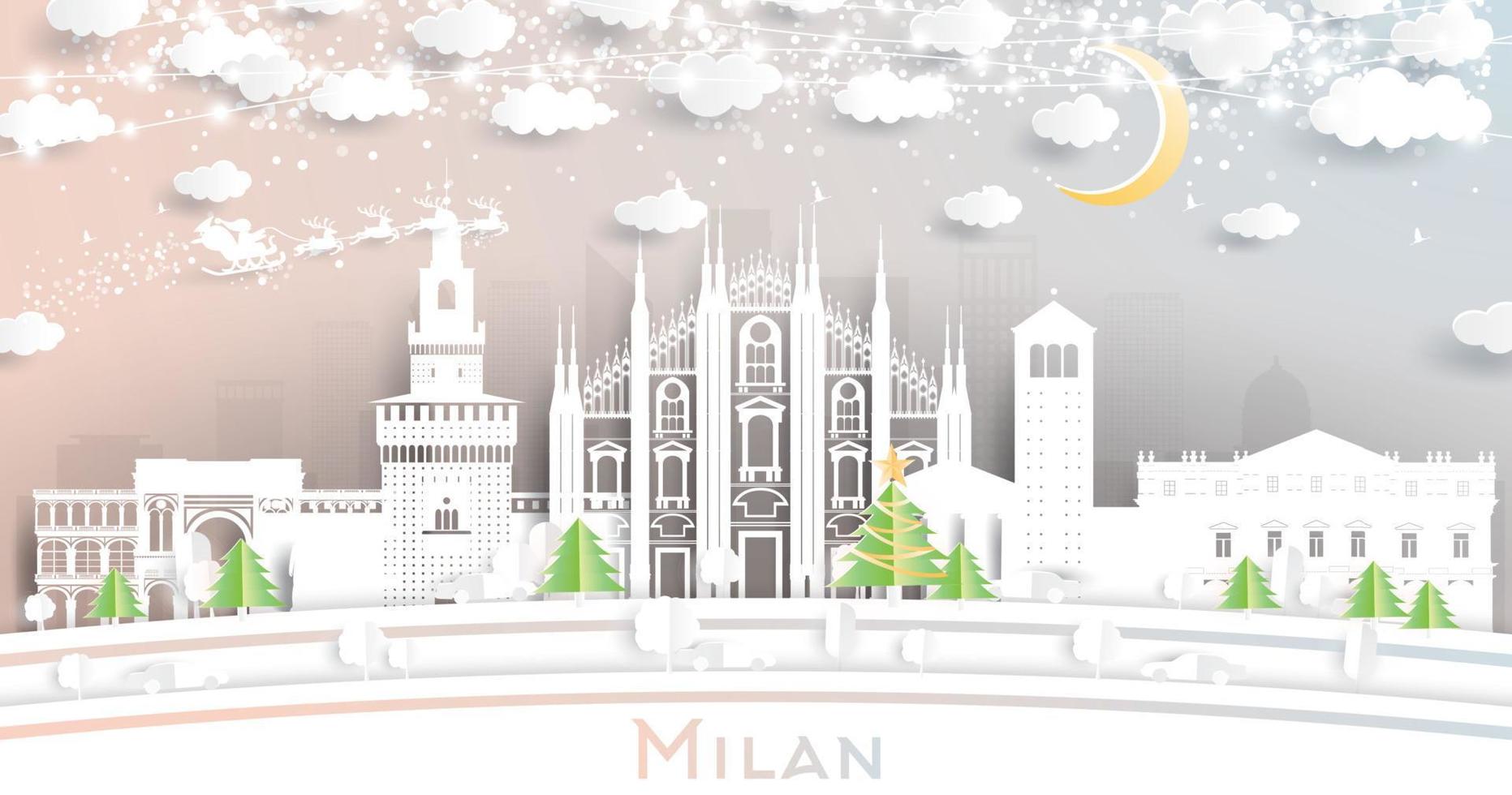 Milan Italy City Skyline in Paper Cut Style with Snowflakes, Moon and Neon Garland. vector