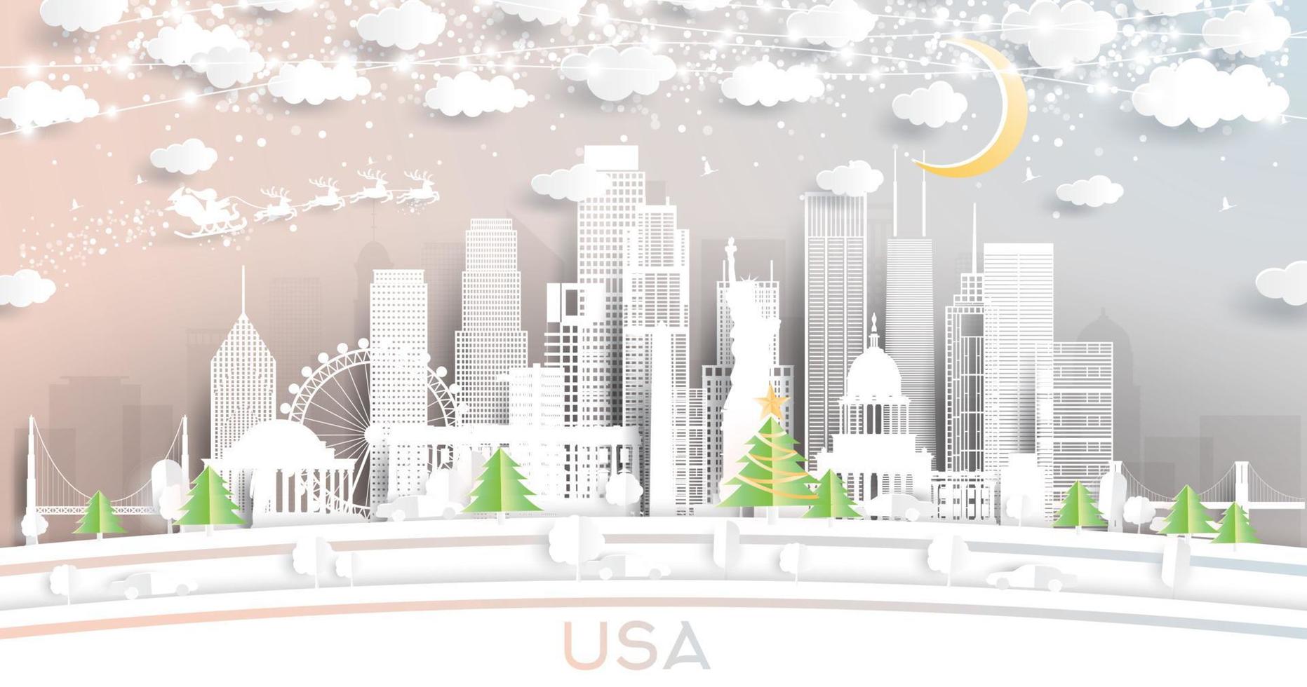USA City Skyline in Paper Cut Style with Snowflakes, Moon and Neon Garland. vector