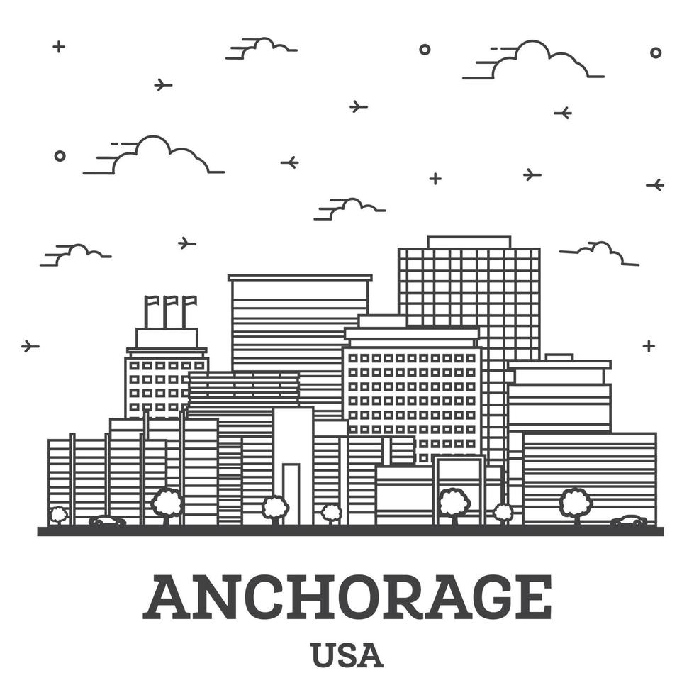 delinear el horizonte de la ciudad de Anchorage, Alaska, EE.UU. con edificios modernos aislados en blanco. vector