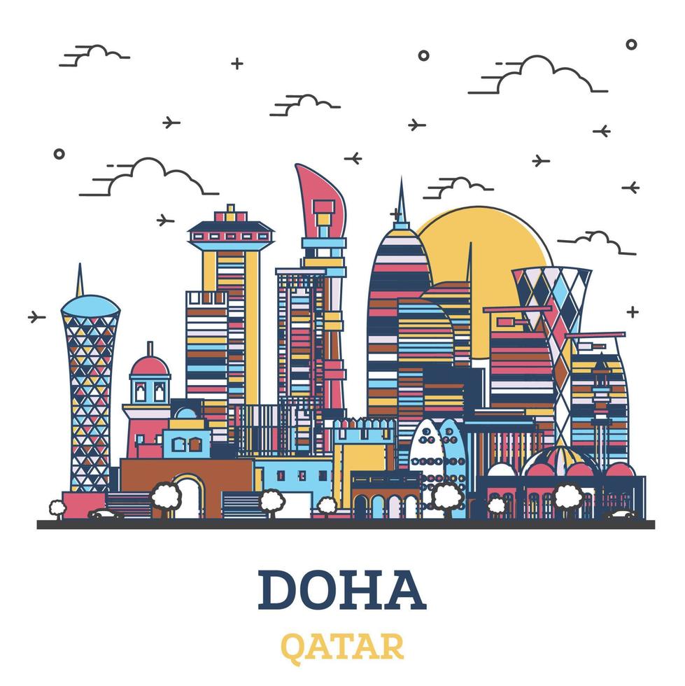 delinear el horizonte de la ciudad de doha qatar con edificios modernos de colores aislados en blanco. vector