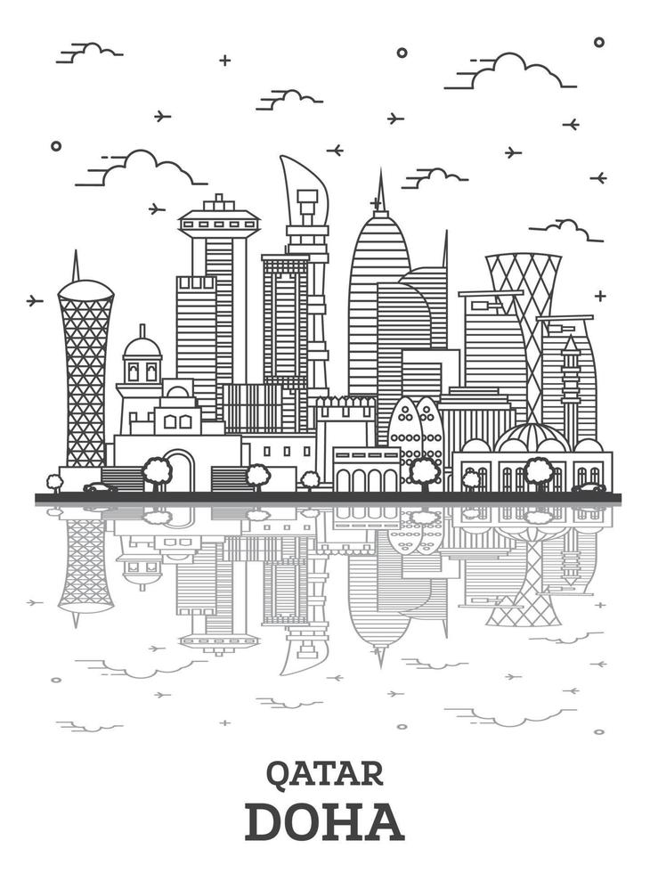 delinear el horizonte de la ciudad de doha qatar con edificios modernos y reflejos aislados en blanco. vector