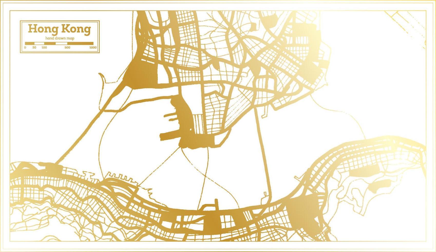 mapa de la ciudad de hong kong china en estilo retro en color dorado. esquema del mapa. vector