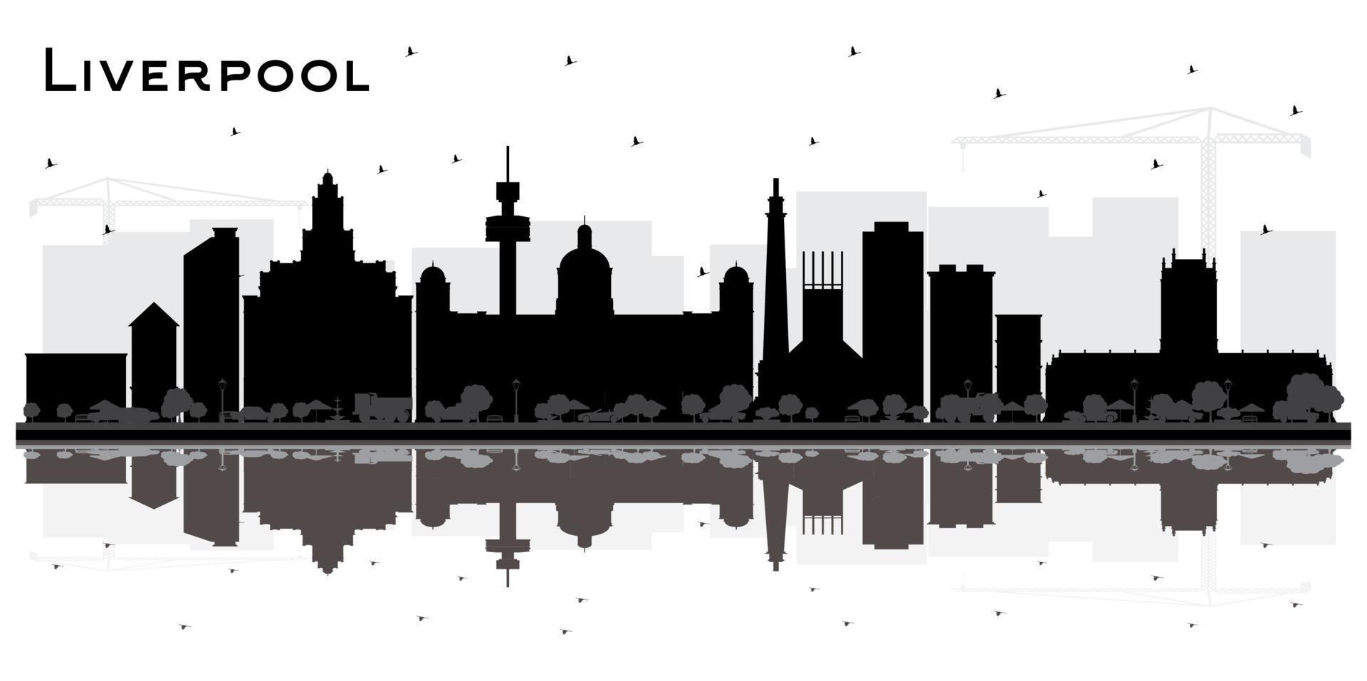 Liverpool City Skyline Silhouette with Black Buildings and Reflections Isolated on White. vector