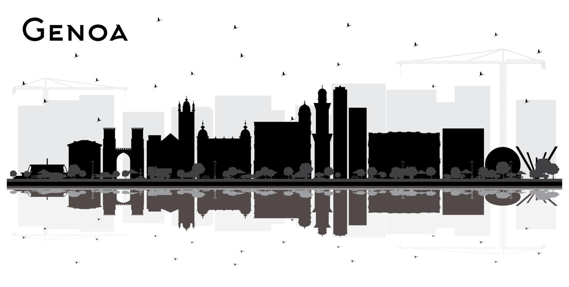 Genoa Italy City Skyline with Black Buildings and Reflections Isolated on White. vector