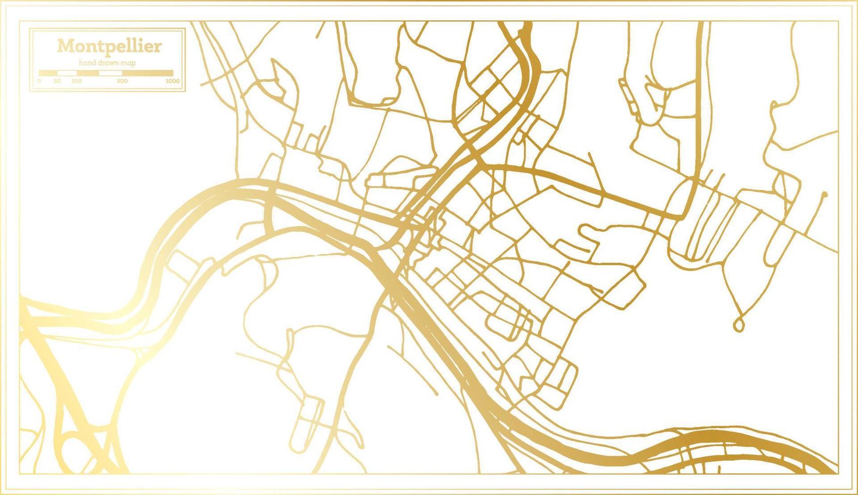 mapa de la ciudad de montpellier francia en estilo retro en color dorado. esquema del mapa. vector