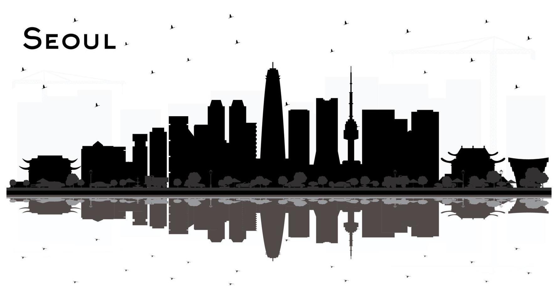 Seoul Korea City Skyline Silhouette with Black Buildings and Reflections Isolated on White. vector