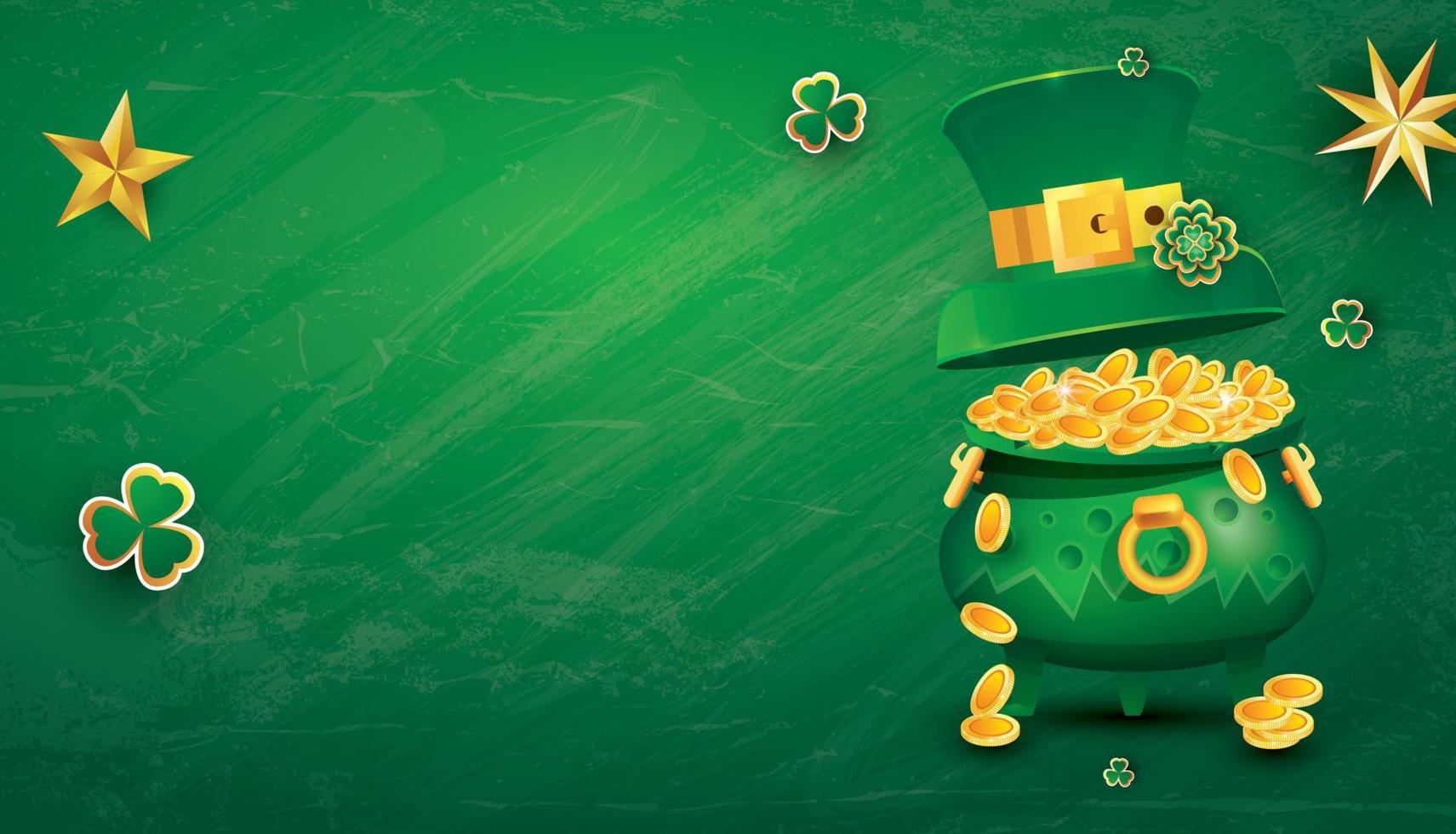Saint Patricks Day Festive Banner with Pot Filled Golden Coins, Green Top Hat and Shamrock. vector