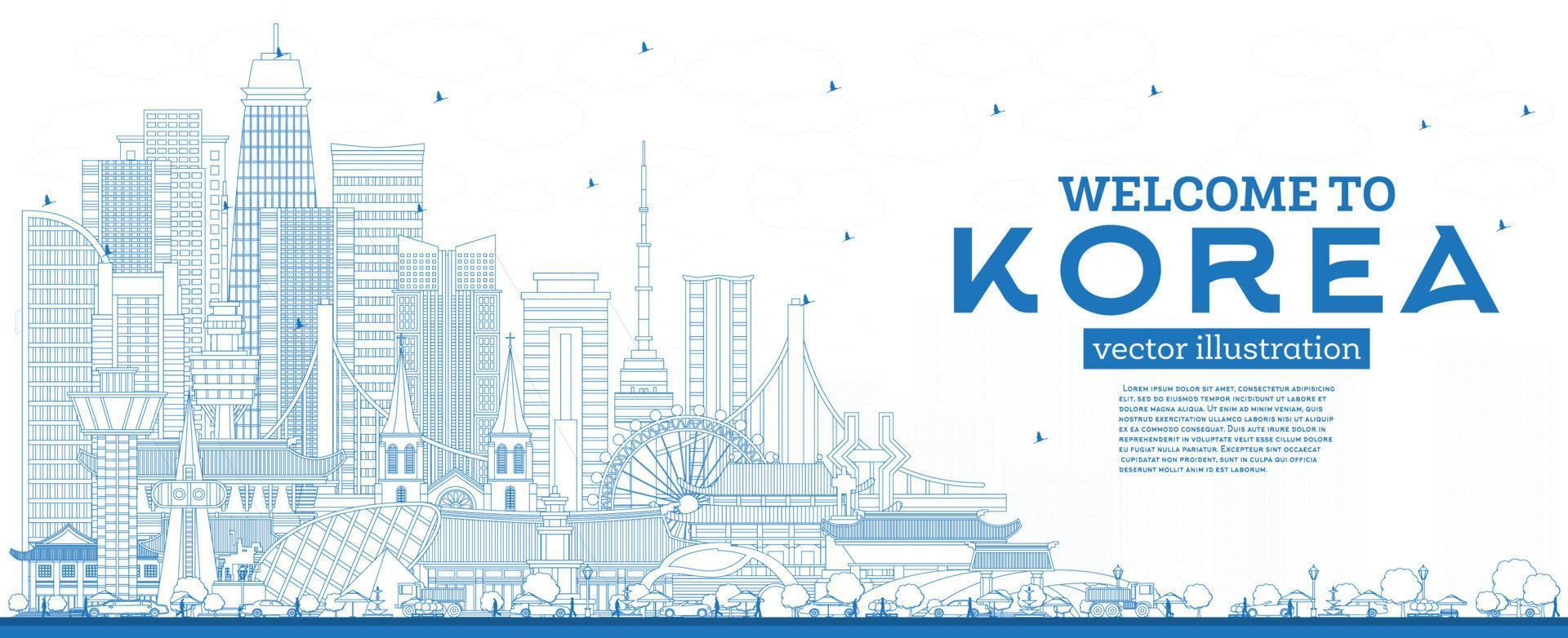 Outline Welcome to South Korea City Skyline with Blue Buildings. vector