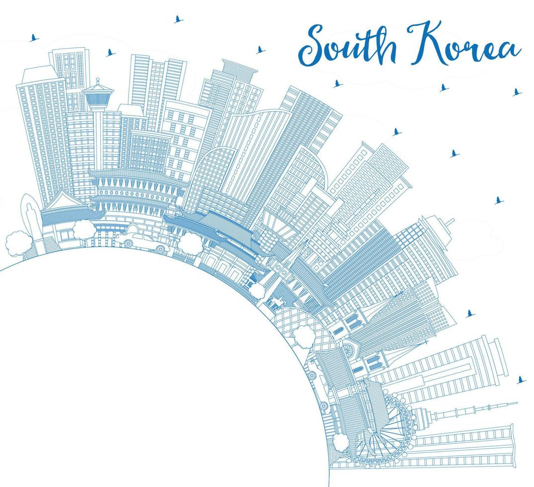 Outline South Korea City Skyline with Blue Buildings and Copy Space. vector