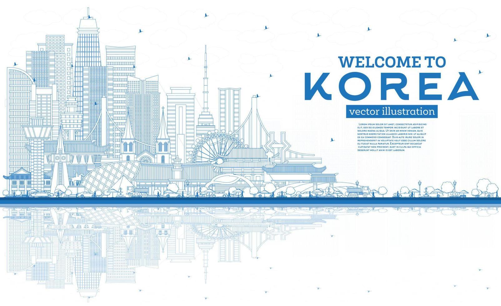 Outline Welcome to South Korea City Skyline with Blue Buildings and Reflections. vector