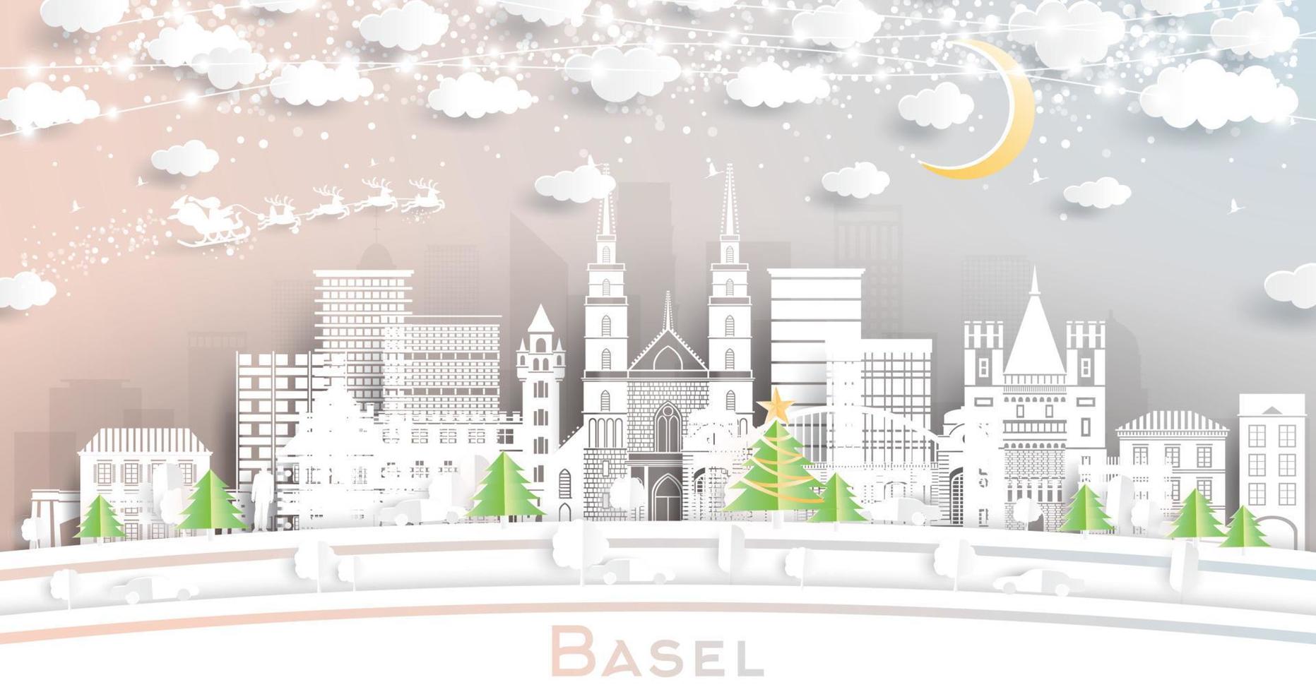 Basel Switzerland City Skyline in Paper Cut Style with Snowflakes, Moon and Neon Garland. vector