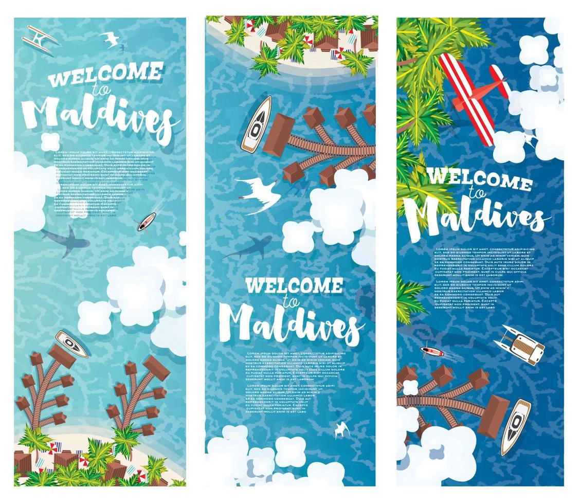Maldives Beach on Island. Vertical Banners Set. vector