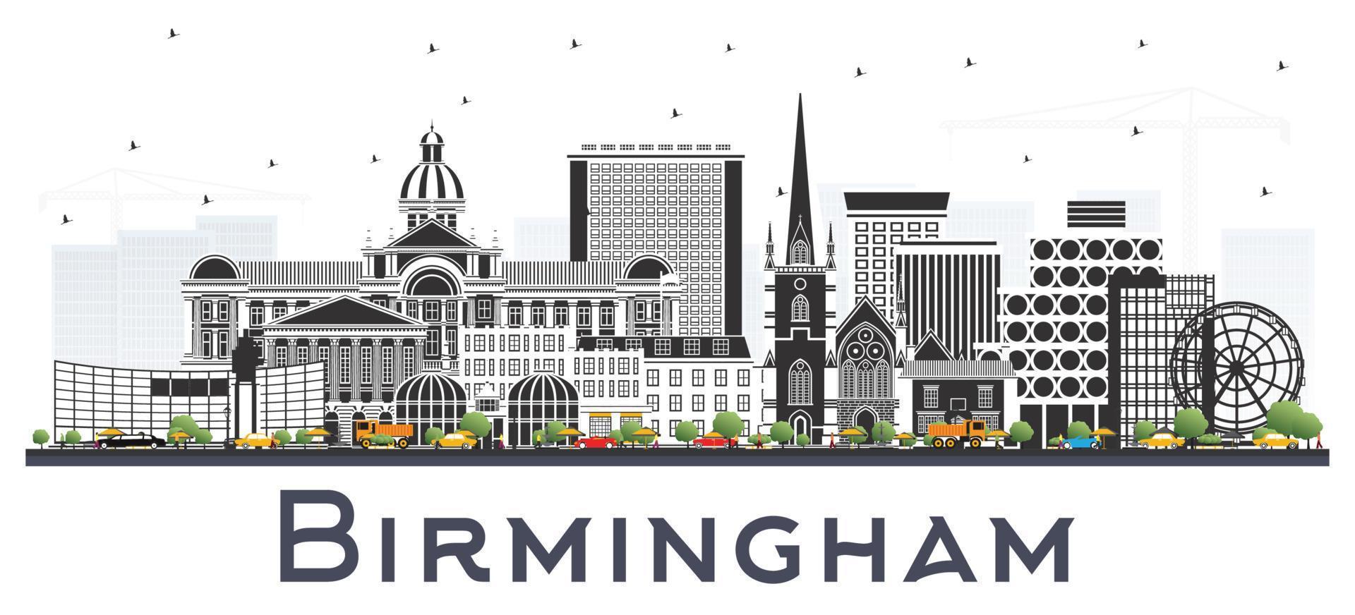 Birmingham UK City Skyline with Color Buildings Isolated on White. vector