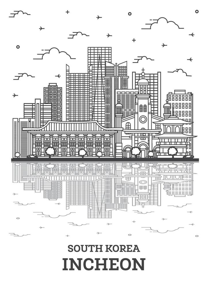 Outline Incheon South Korea City Skyline with Modern Buildings and Reflections Isolated on White. vector