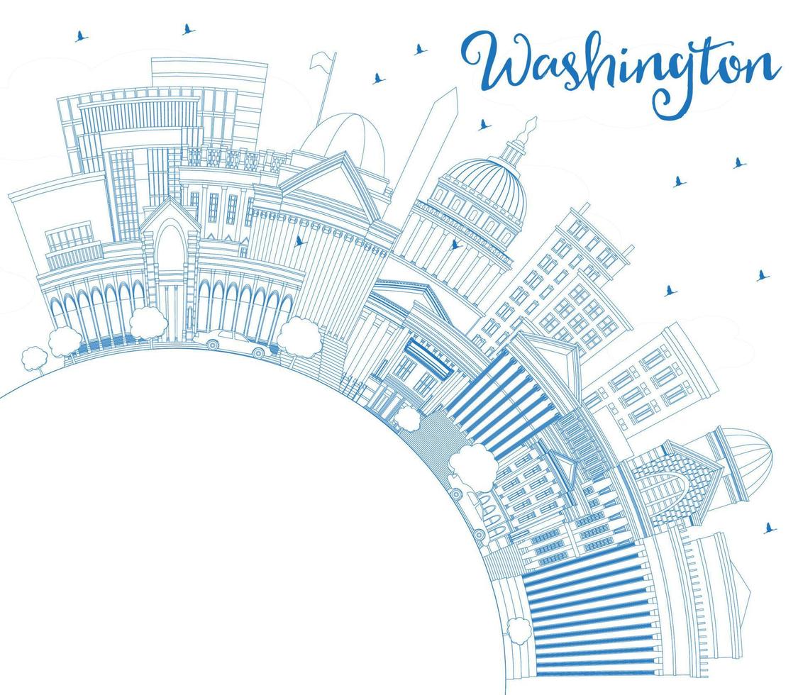 esbozar el horizonte de la ciudad de washington dc usa con edificios azules y espacio de copia. vector