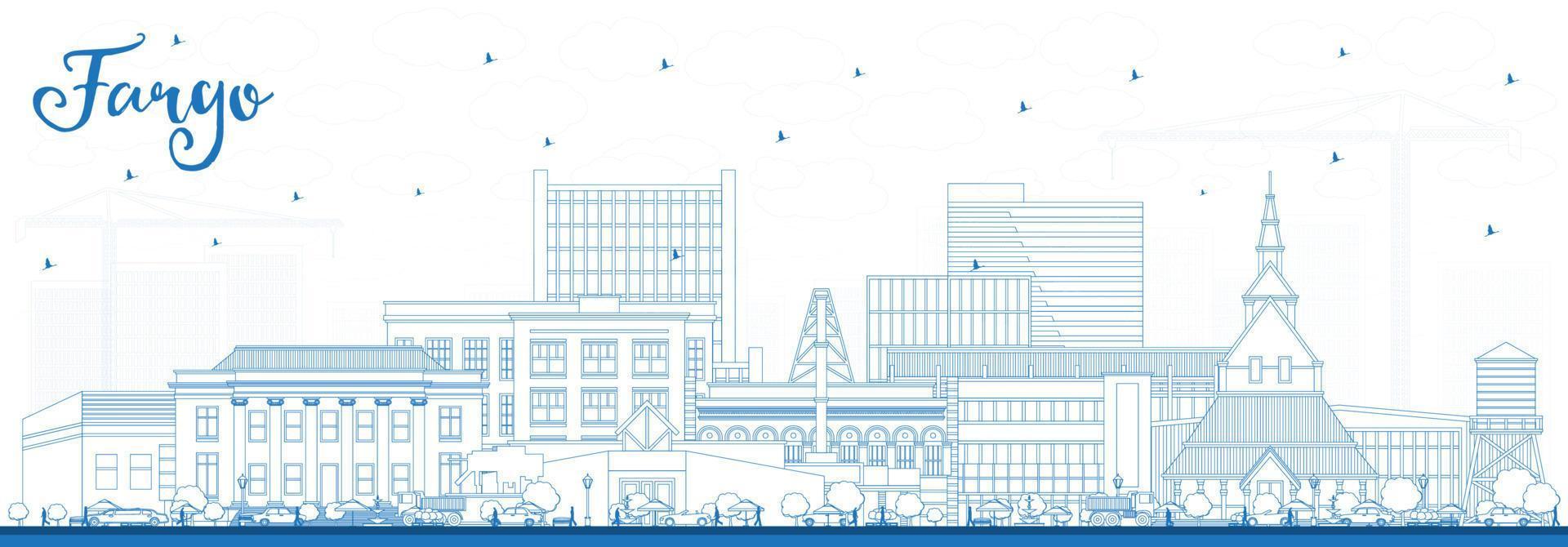 Outline Fargo North Dakota City Skyline with Blue Buildings. vector