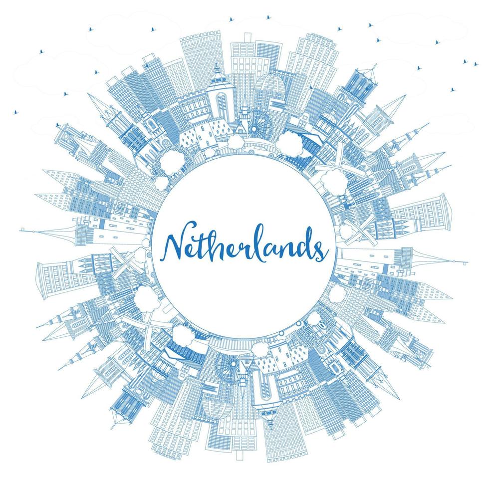 Outline Netherlands Skyline with Blue Buildings and Copy Space. vector