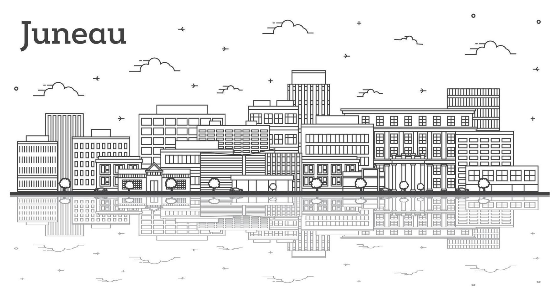 delinear el horizonte de la ciudad de juneau alaska con edificios modernos y reflejos aislados en blanco. vector