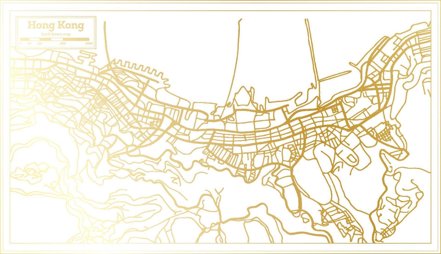 mapa de la ciudad de hong kong china en estilo retro en color dorado. esquema del mapa. vector