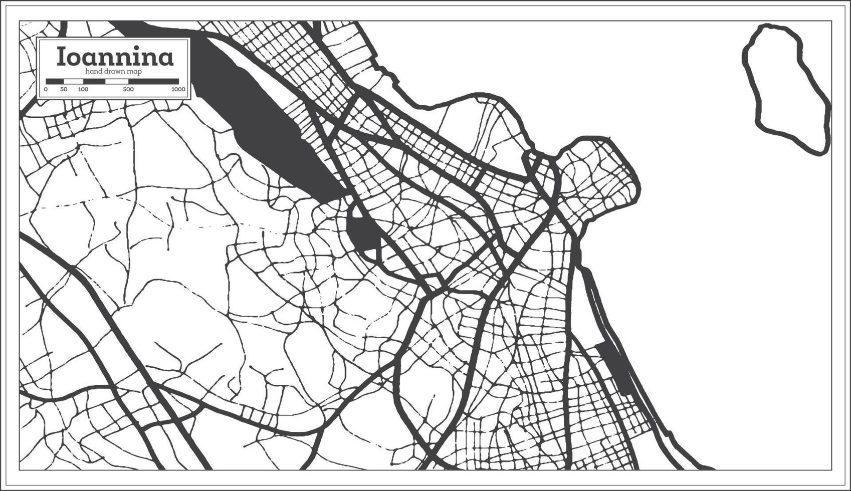 mapa de la ciudad de ioannina grecia en color blanco y negro en estilo retro. esquema del mapa. vector