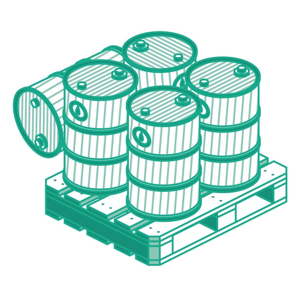 Isometric Outline Oil Barrels On Wooden Pallet. Isolated Objects. vector