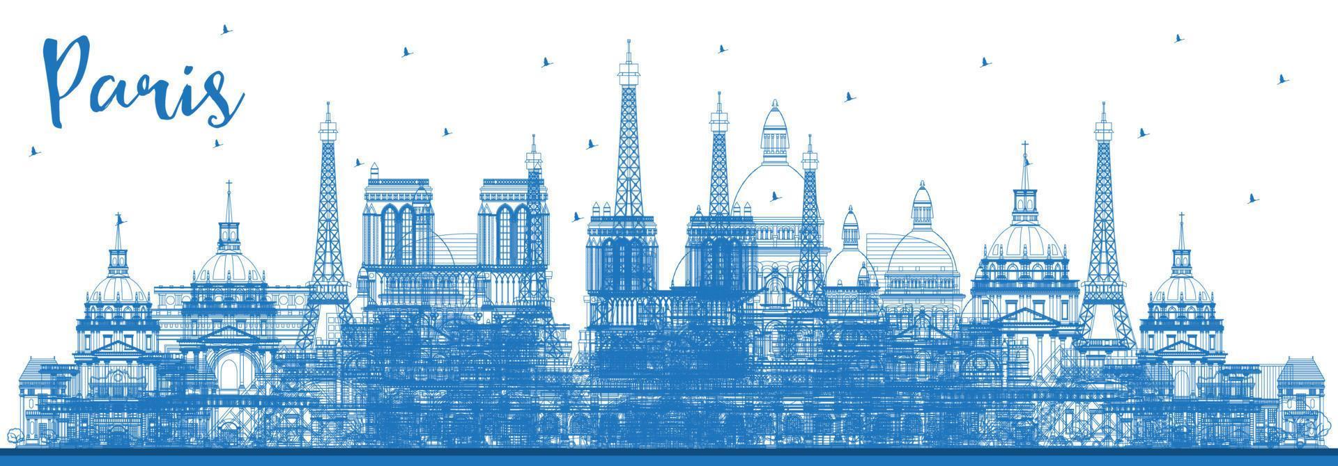 Outline Paris France City Skyline with Blue Buildings. vector