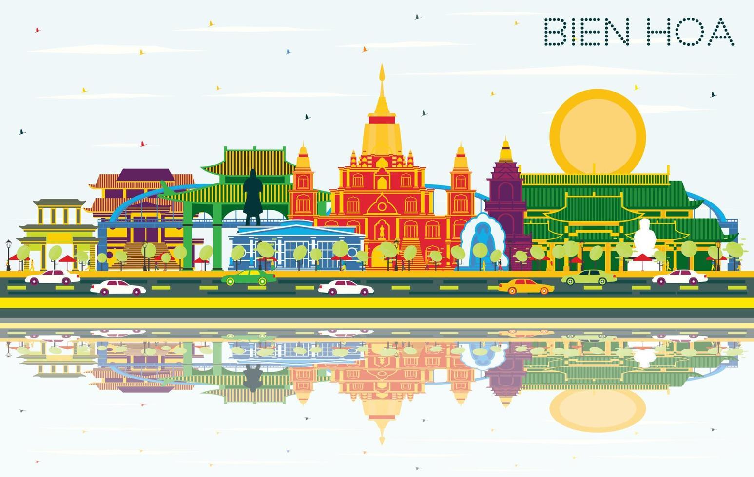 Bien Hoa Vietnam City Skyline with Color Buildings, Blue Sky and Reflections. vector