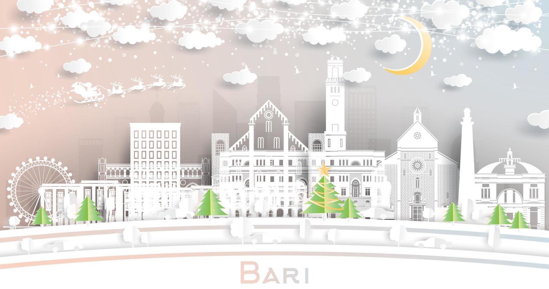 horizonte de la ciudad de bari italia en estilo de corte de papel con copos de nieve, luna y guirnalda de neón. vector