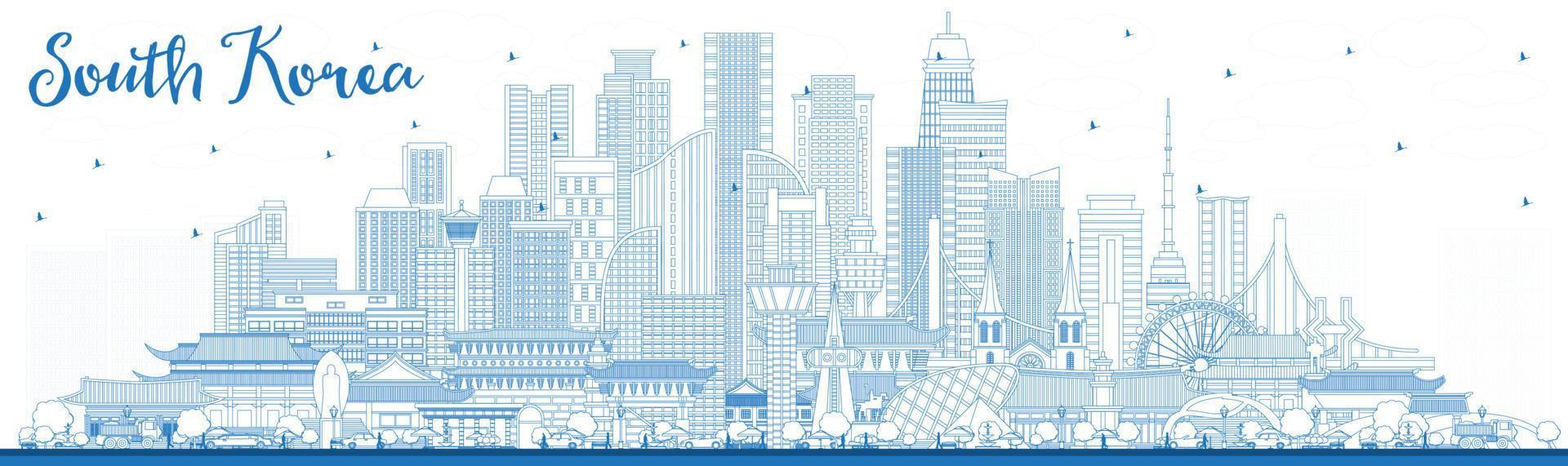 Outline South Korea City Skyline with Blue Buildings. vector