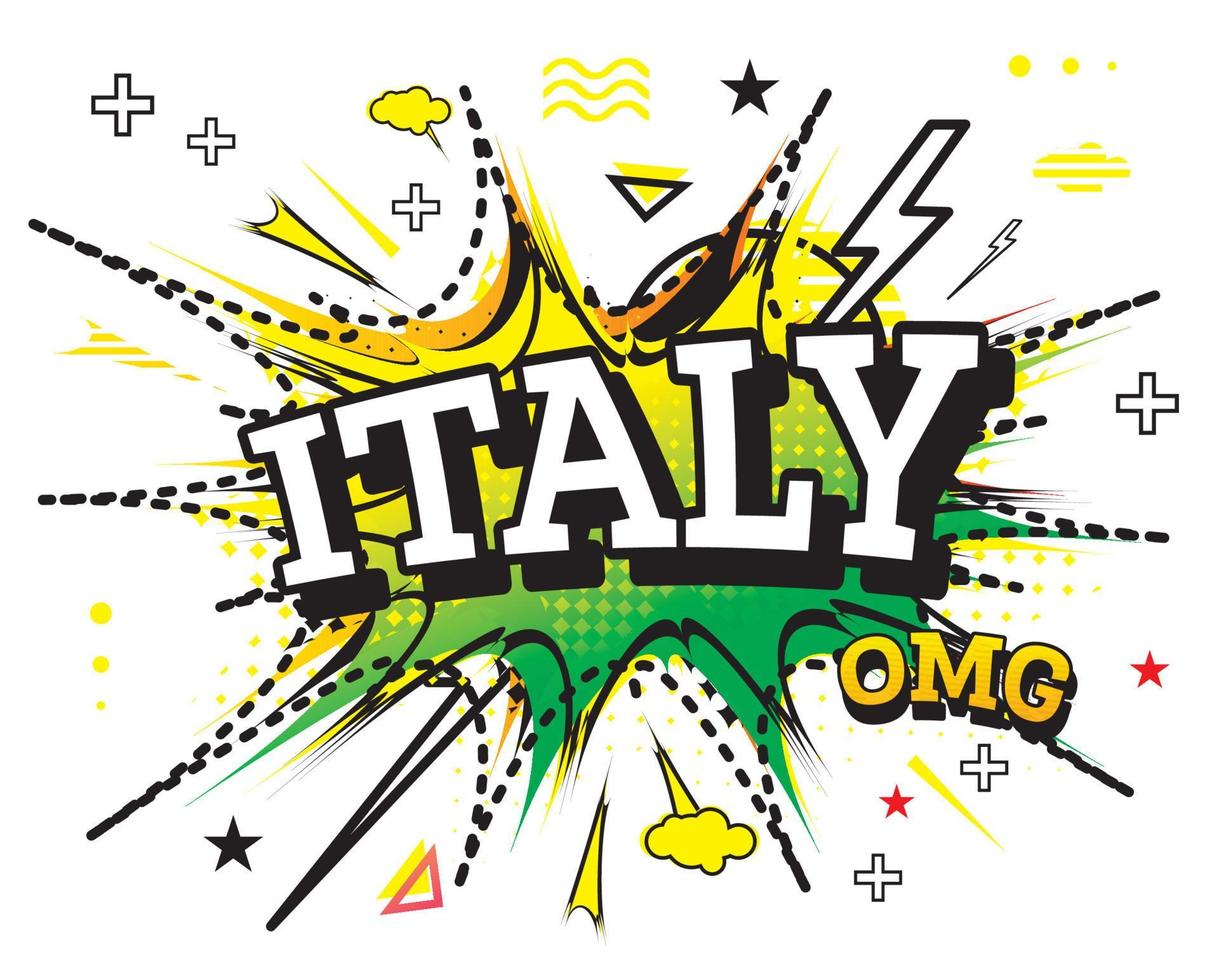 Italia texto cómico en estilo pop art aislado sobre fondo blanco. vector