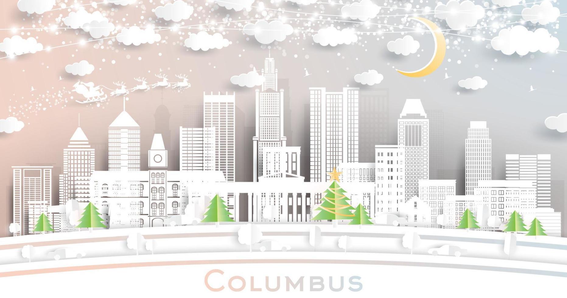 Columbus Ohio City Skyline in Paper Cut Style with Snowflakes, Moon and Neon Garland. vector