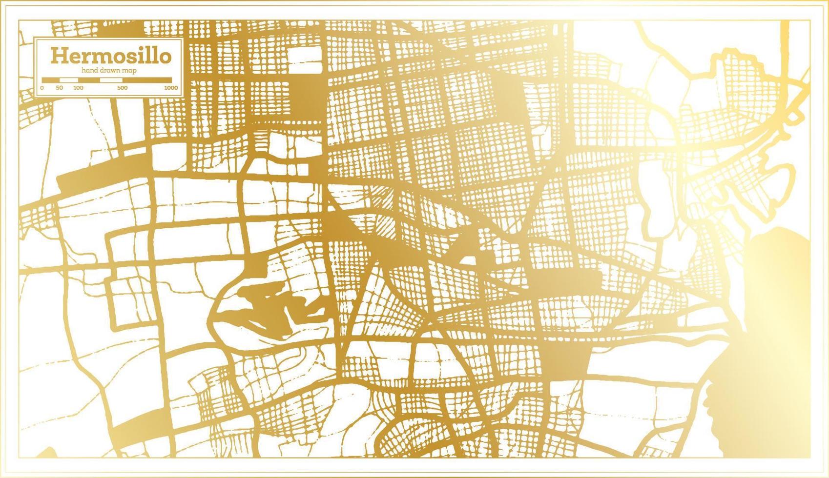 hermosillo mapa de la ciudad de méxico en estilo retro en color dorado. esquema del mapa. vector