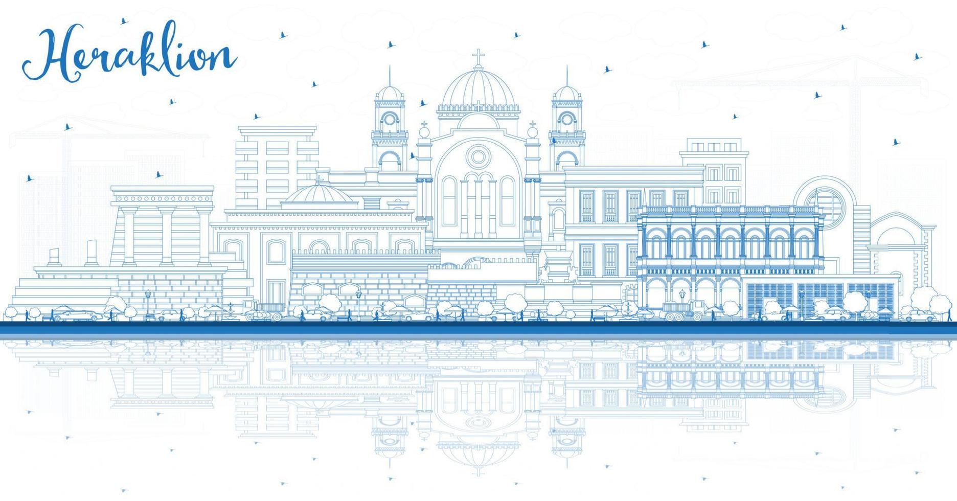 Outline Heraklion Greece Crete City Skyline with Blue Buildings and Reflections. vector