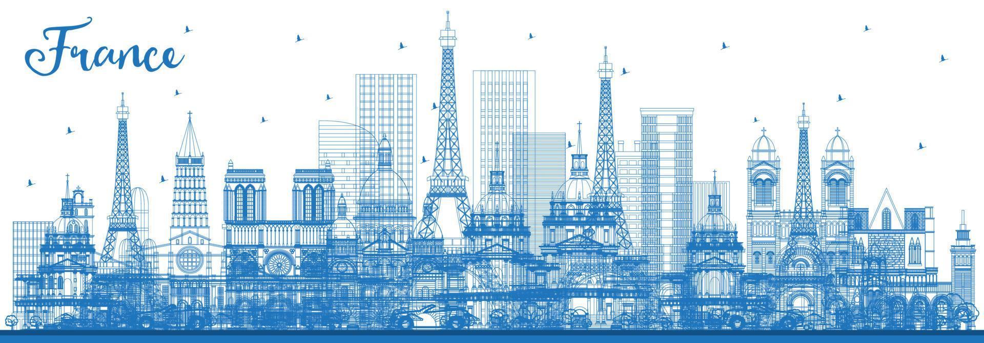 Outline France City Skyline with Blue Buildings. vector