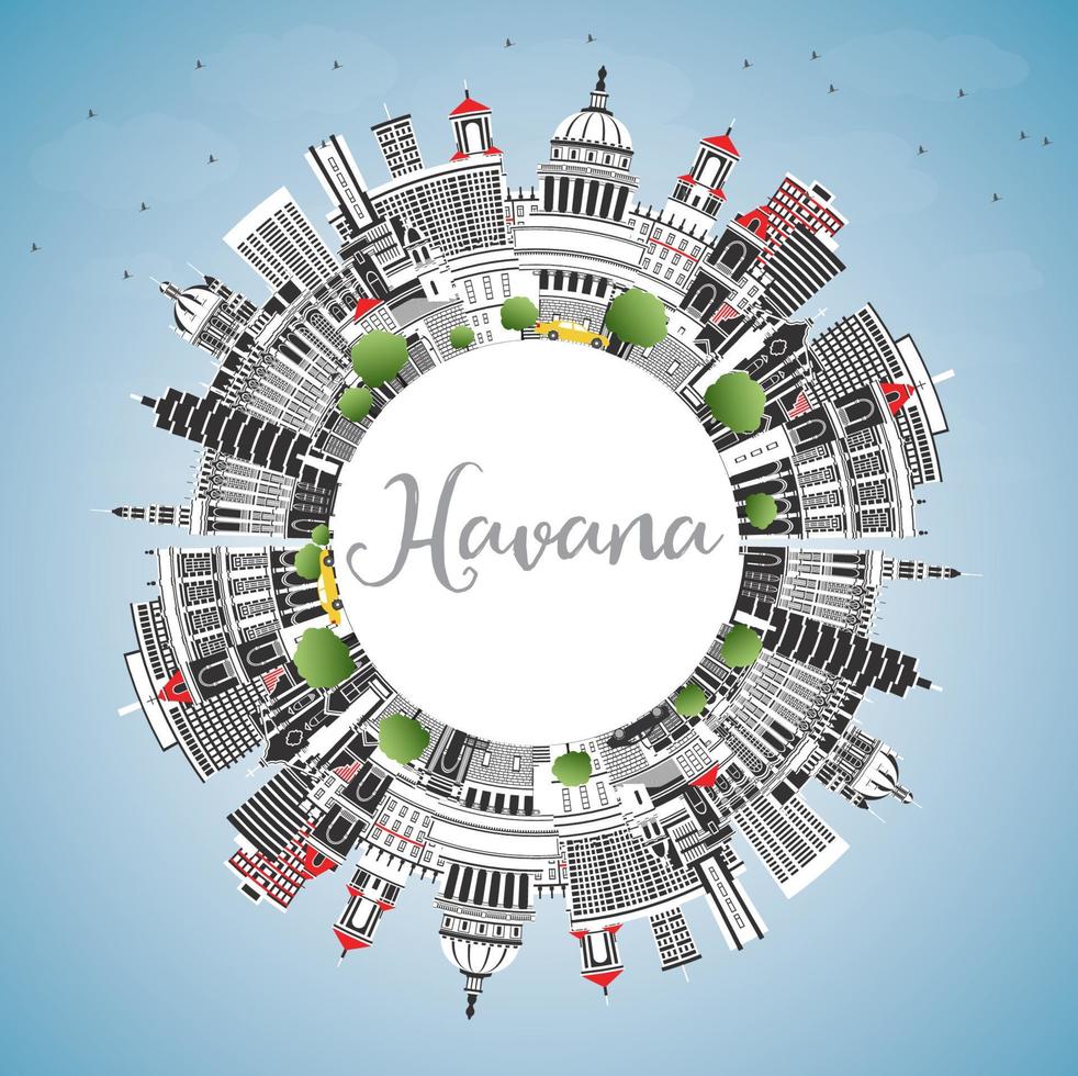 Havana Cuba City Skyline with Color Buildings, Blue Sky and Copy Space. vector