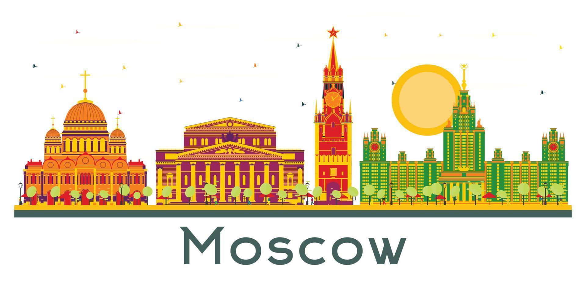 Moscow Russia City Skyline with Color Buildings Isolated on White. vector