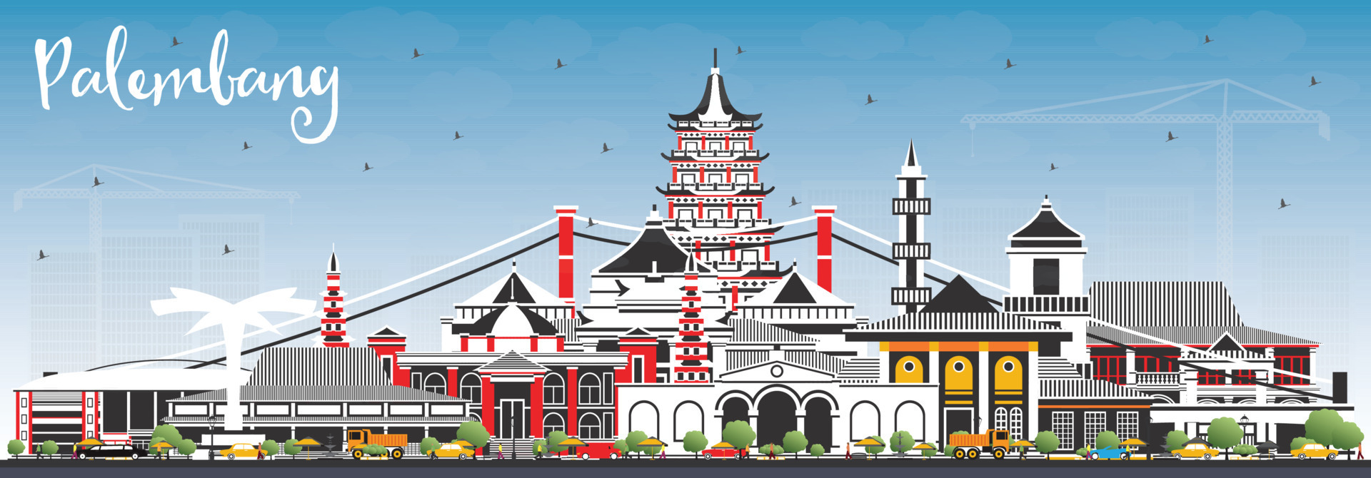 Palembang Indonesia City Skyline with Gray Buildings and Blue Sky